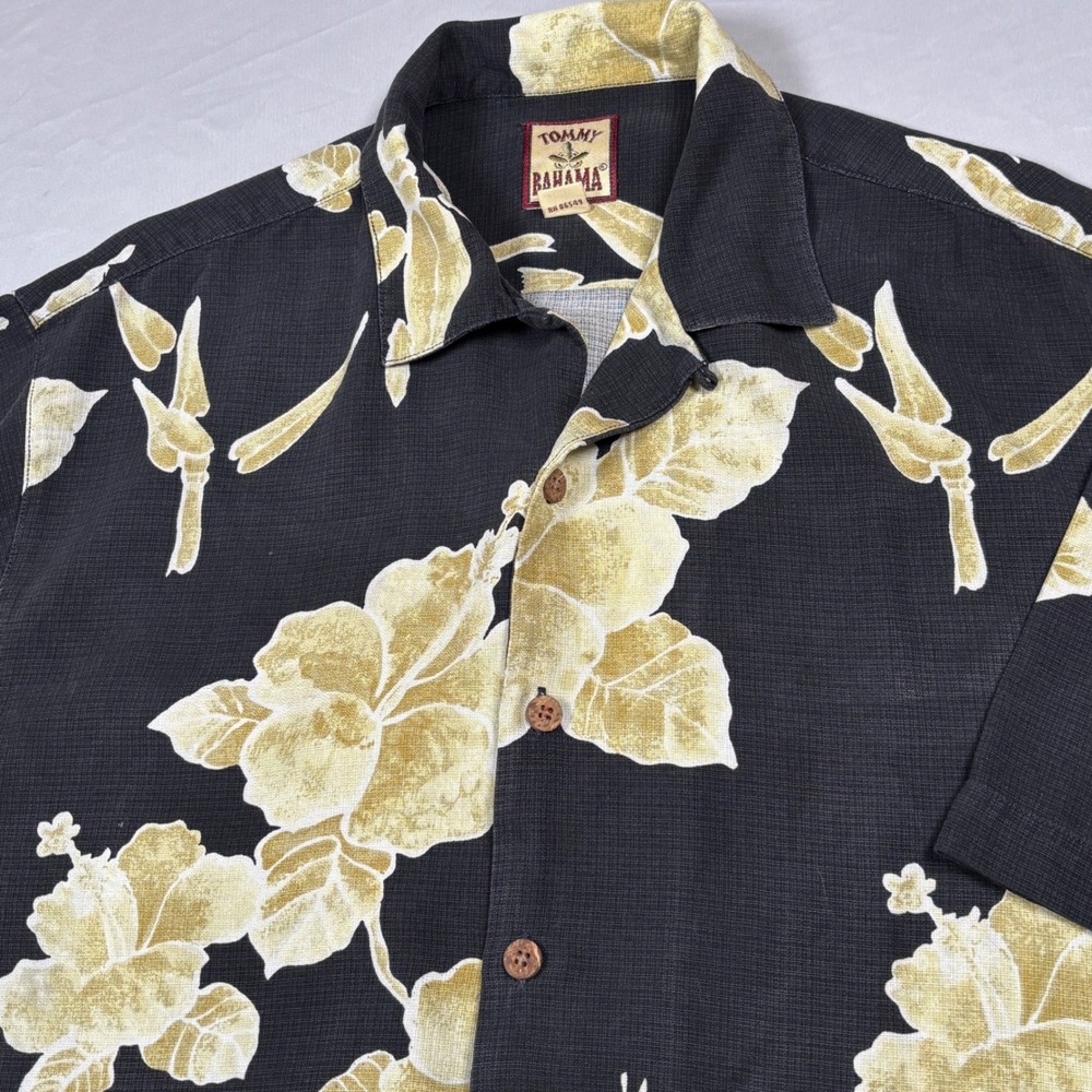 Tommy Bahama 100% Silk Shirt Mens M‎ Black Yellow Floral Hibiscus Bamboo Camp